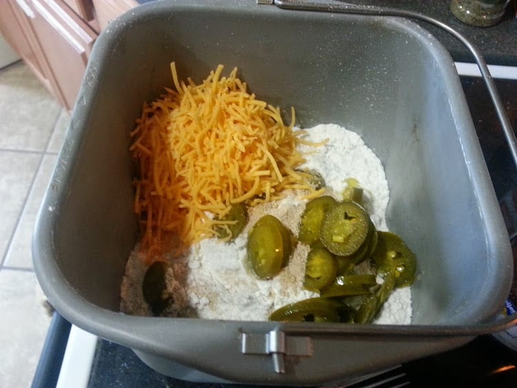 Ingredients for bread in a bread machine bowl