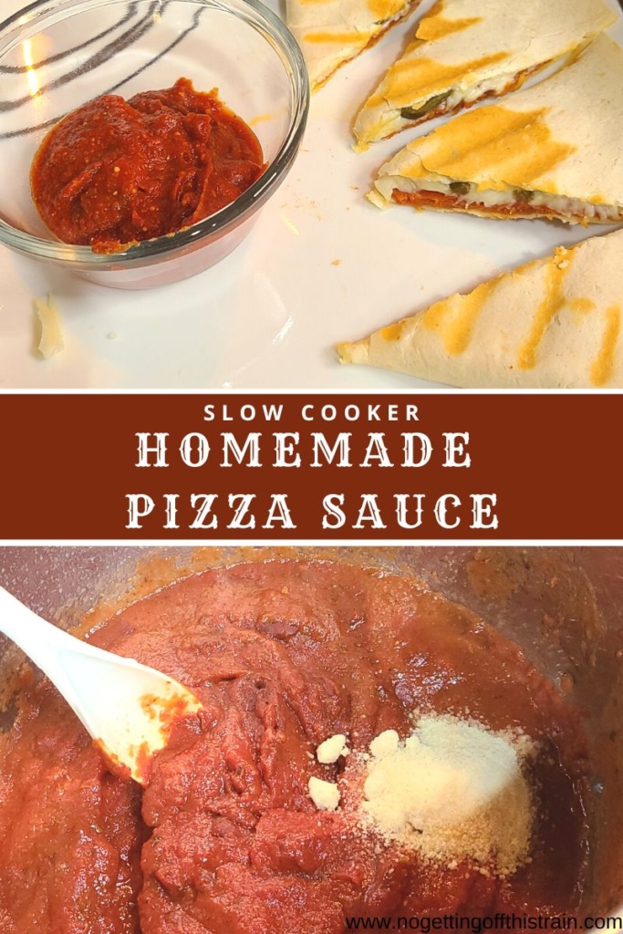 Homemade pizza sauce with text "Slow cooker homemade pizza sauce"