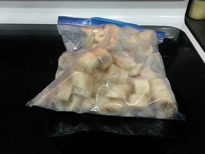 Frozen sliced bananas in a freezer bag