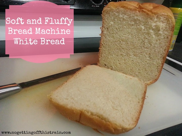 This delicious, soft and fluffy white bread is made in the bread machine and uses only a few ingredients! www.nogettingoffthistrain.com