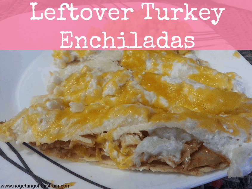 These creamy turkey enchiladas are a great way to use up leftover turkey! www.nogettingoffthistrain.com