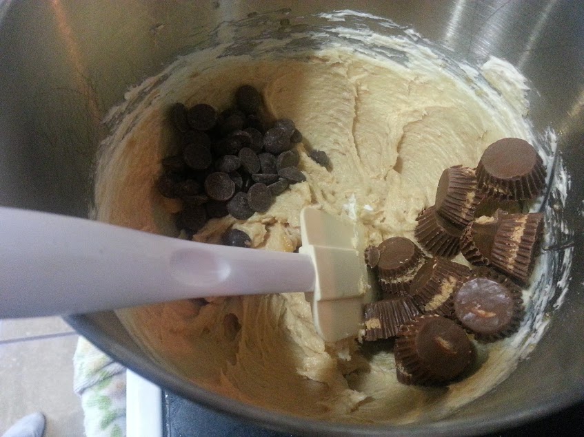 Filled with chocolate chips and minature Reeses cups, this Peanut Butter Cookie Dough Dip makes a great party dessert! www.nogettingoffthistrain.com