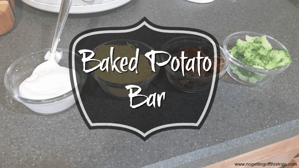 Baked potato bar- A seriously easy, family friendly, and quick dinner! You can get so creative with this! www.nogettingoffthistrain.com