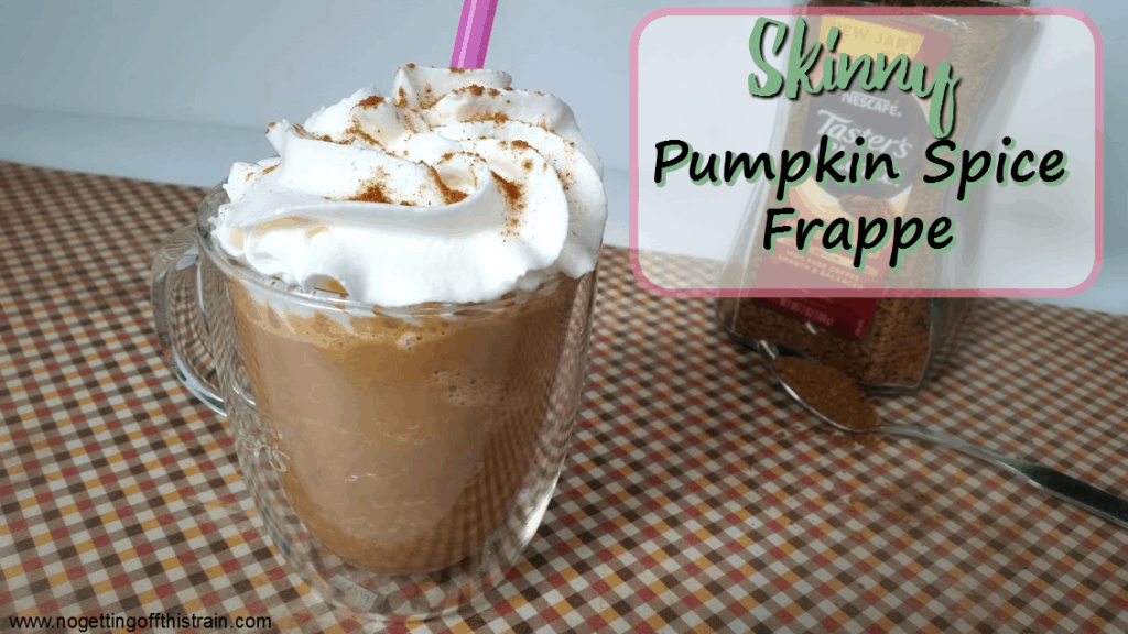 A lighter version of your favorite coffee drink, this Skinny Pumpkin Spice Frappe tastes just like a pumpkin pie and has a secret ingredient to make it easy to prepare! www.nogettingoffthistrain.com AD