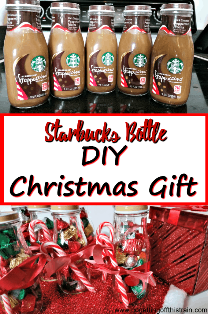 Fill an empty Starbucks Frappuccino bottle with candy as a Christmas gift! A great frugal gift idea for friends and neighbors. www.nogettingoffthistrain.com