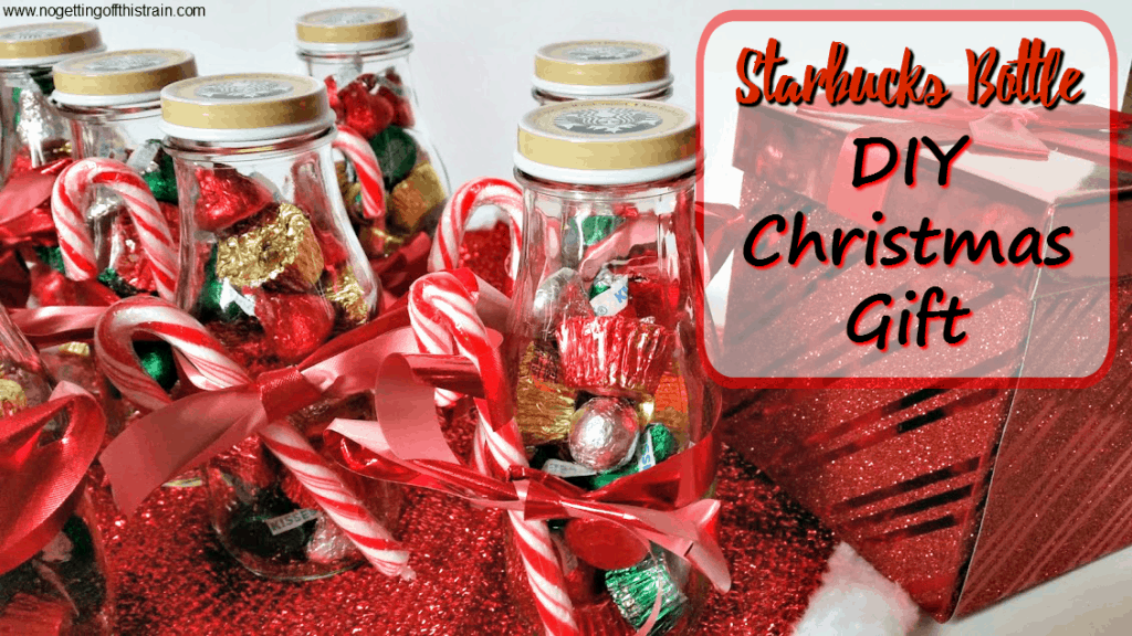 Fill an empty Starbucks Frappuccino bottle with candy as a Christmas gift! A great frugal gift idea for friends and neighbors. www.nogettingoffthistrain.com