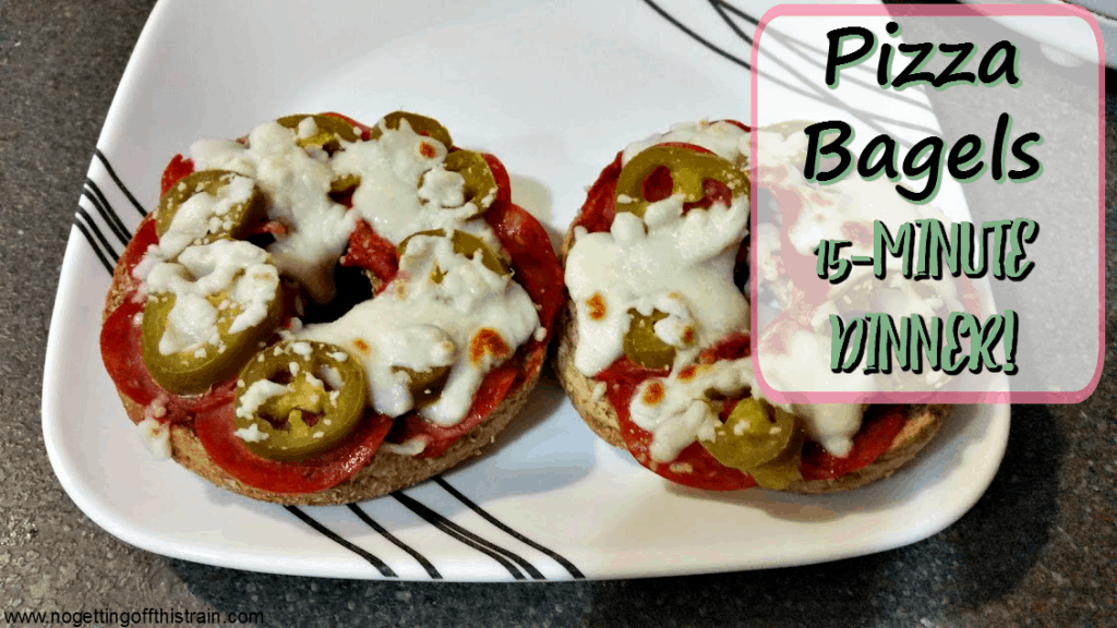 Pizza bagels are an easy and frugal dinner that only takes about 15 minutes to make from start to finish! www.nogettingoffthistrain.com