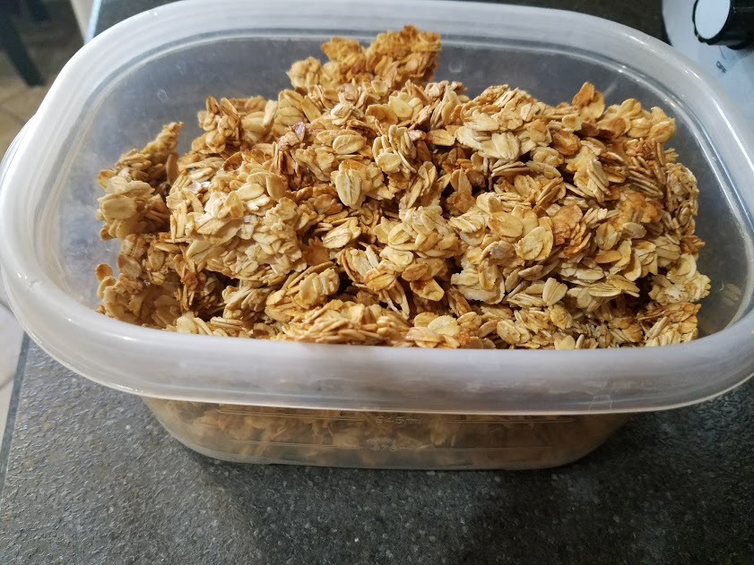 Honey vanilla granola, in a food storage container