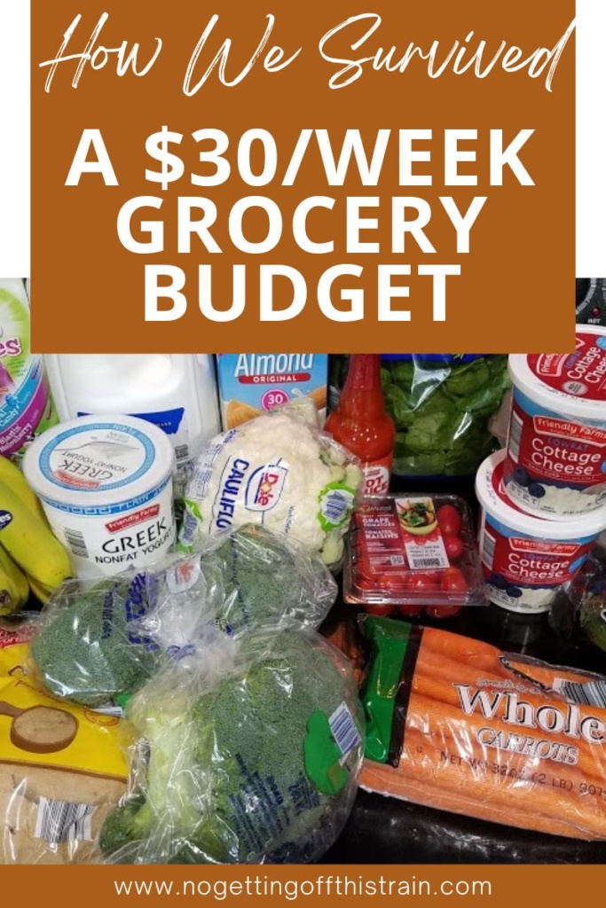 Groceries on a stovetop. Text says "How we survived a $30/week grocery budget"