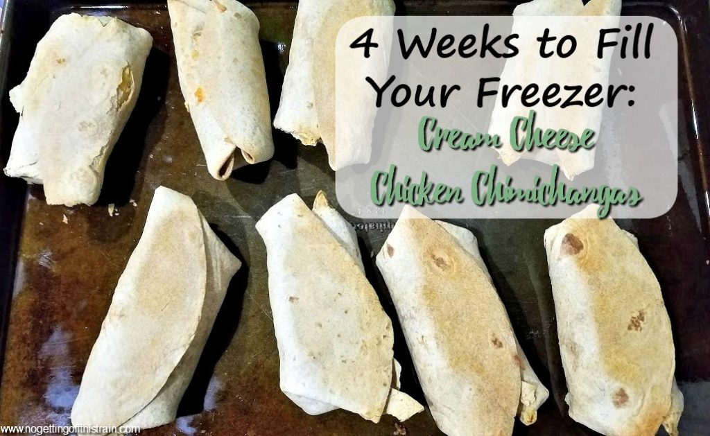 Image of chimichangas on a tray with the title "4 Weeks to Fill Your Freezer: Cream Cheese Chicken Chimichangas"