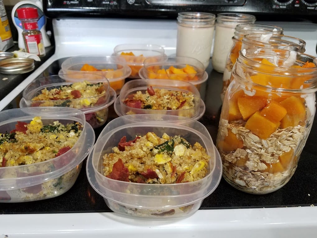 Image of smoothies and overnight oats in glass jars, and quinoa inside containers