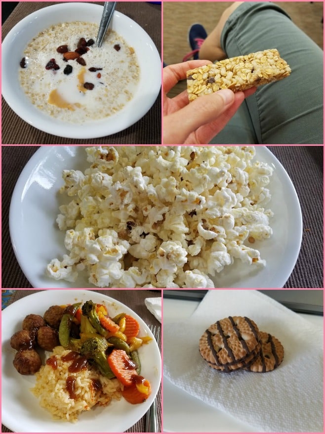 Image collage of a bowl of oatmeal, a granola bar, popcorn, a meatball dinner, and cookies