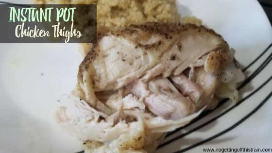 Image of cooked chicken with the title "Instant Pot Chicken Thighs"