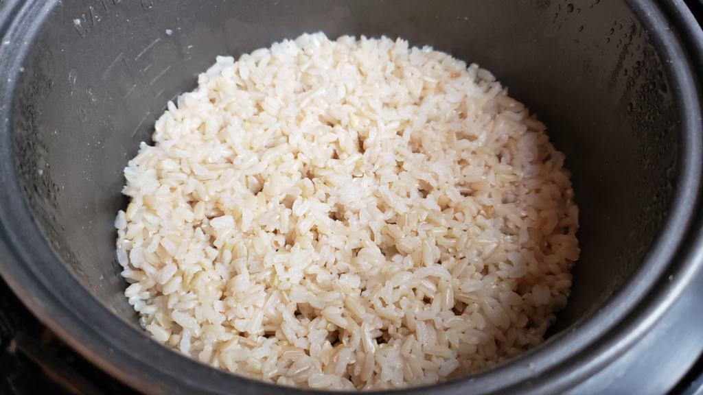 Cooked rice inside a rice cooker