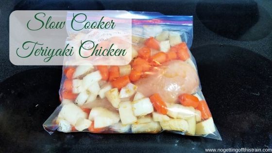 A freezer bag full of chicken and vegetables with the title "Slow cooker teriyaki chicken"