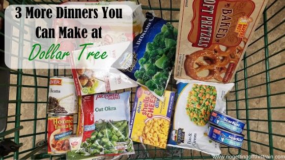 Image of a cart filled with food with the title "3 dinners you can make at Dollar Tree"