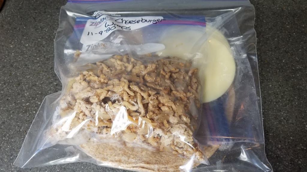 Cheeseburger wraps, in a gallon-sized freezer bag