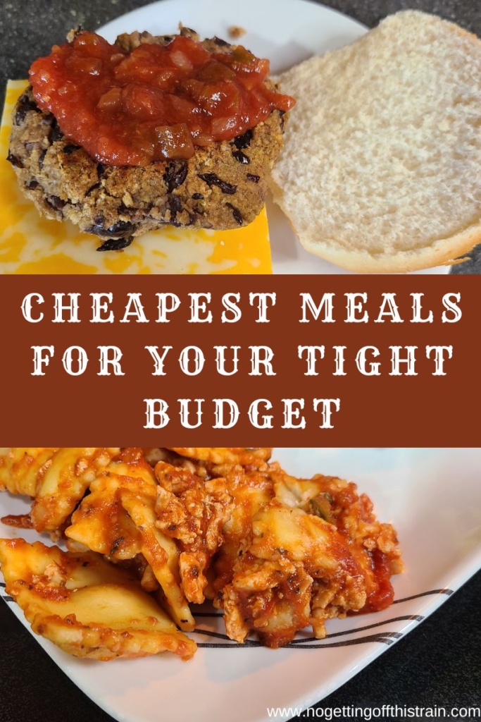 A black bean burger and a serving of ravioli. Text says "Cheapest meals for your tight budget".
