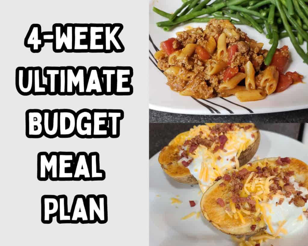 Image of baked potatoes and cooked pasta. Text says "4-week ultimate budget meal plan"