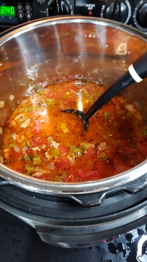 Instant Pot filled with prepared stuffed pepper soup