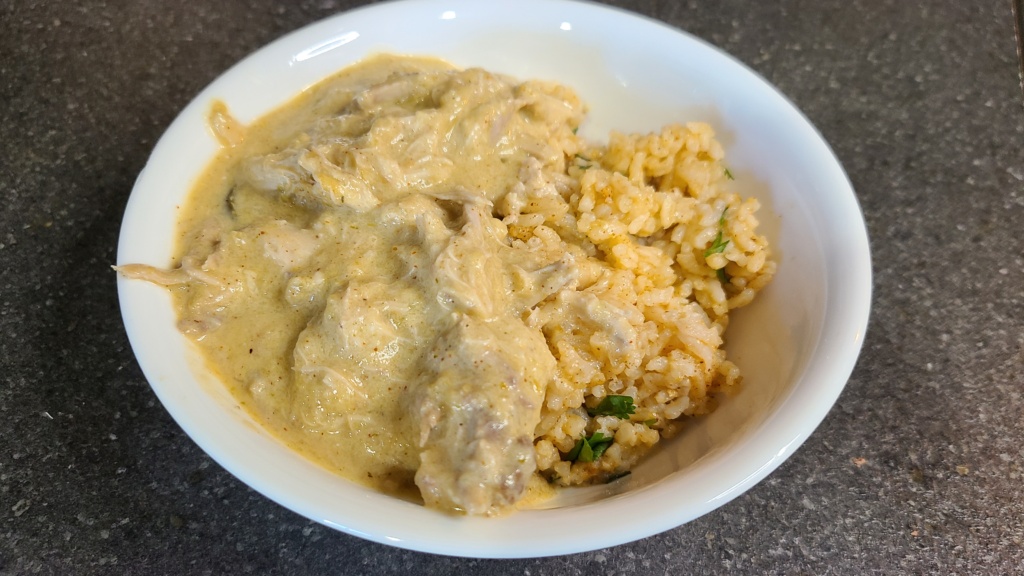 Salsa verde chicken and rice in a bowl