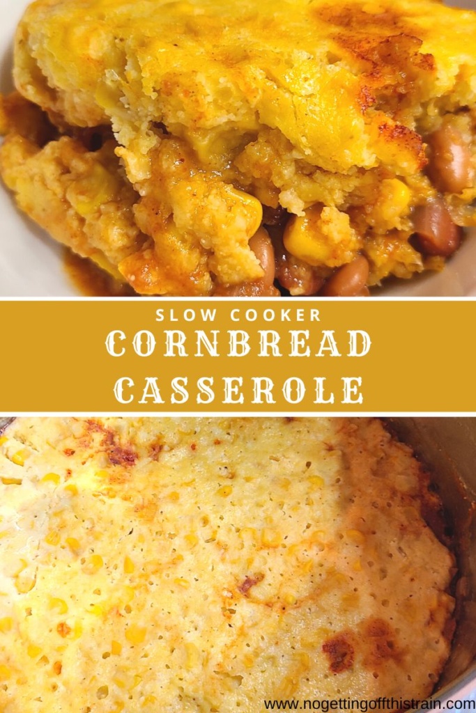 Cornbread casserole in a bowl with text "Slow cooker cornbread casserole"