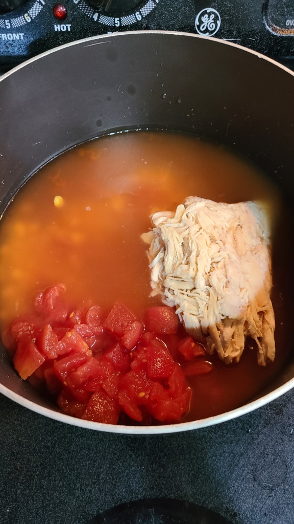 A large pot with uncooked ingredients for chicken tortilla soup