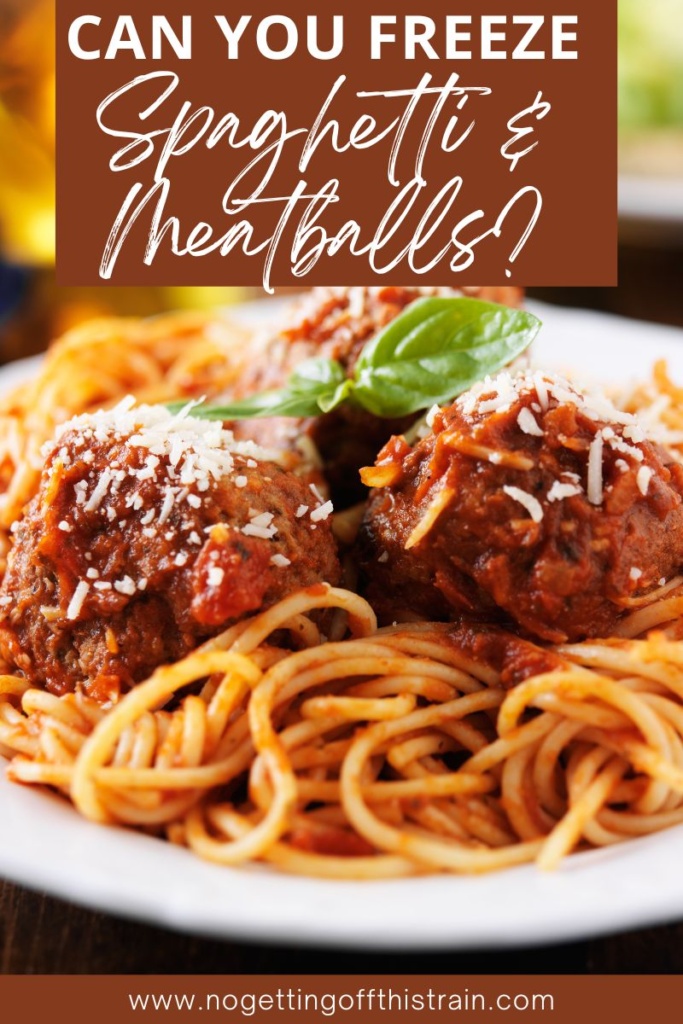 A bowl of spaghetti and meatballs with text "Can you freeze spaghetti and meatballs?"