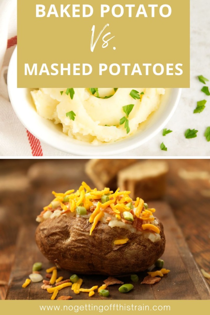 Mashed potatoes and a baked potato, with text "Baked potato vs. mashed potatoes"