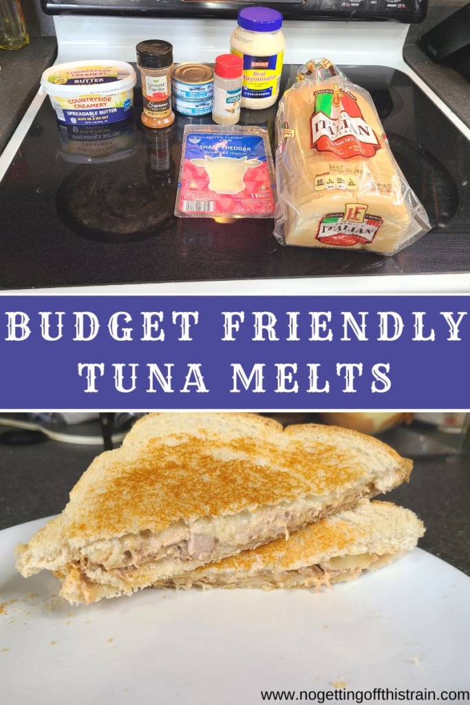 A tuna melt with text "Budget-friendly tuna melts"