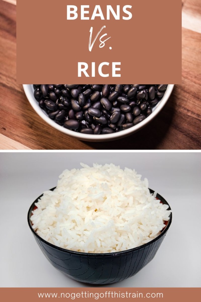 A bowl of black beans and a bowl of white rice with text "Beans vs. rice"