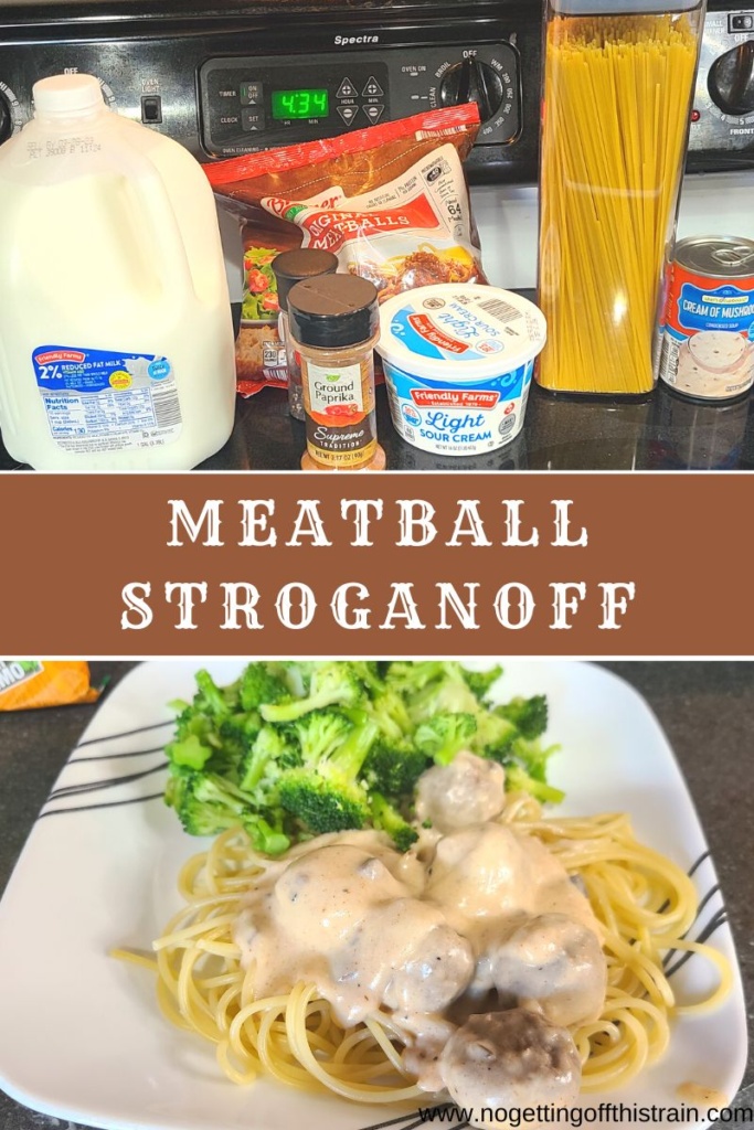 Meatball stroganoff on a plate with text "Meatball stroganoff"