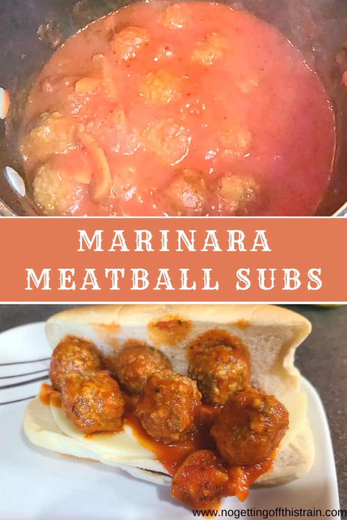 Marinara meatball sub on a plate with text "Marinara meatball subs"