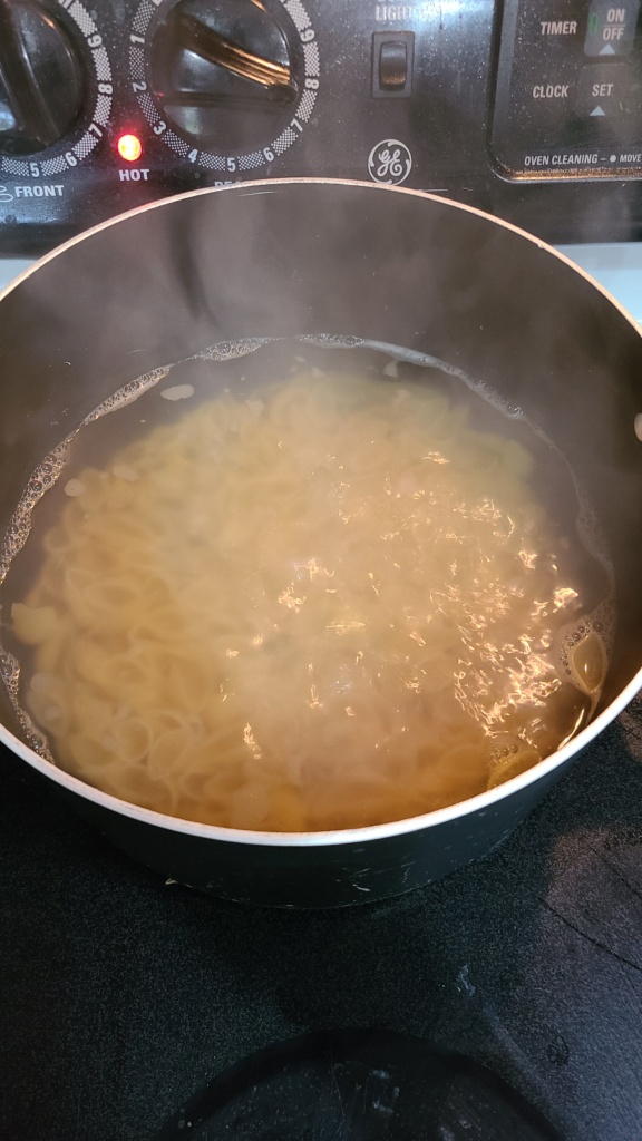 A pot of boiling water, filled with shell pasta