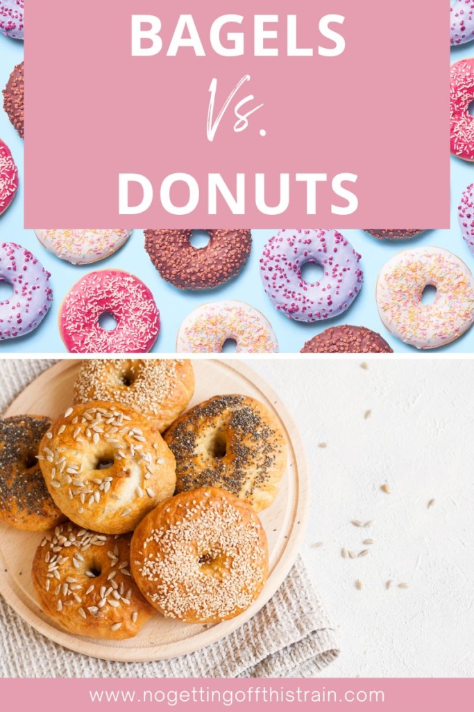 A collection of bagels and donuts with text "Bagels vs. Donuts"