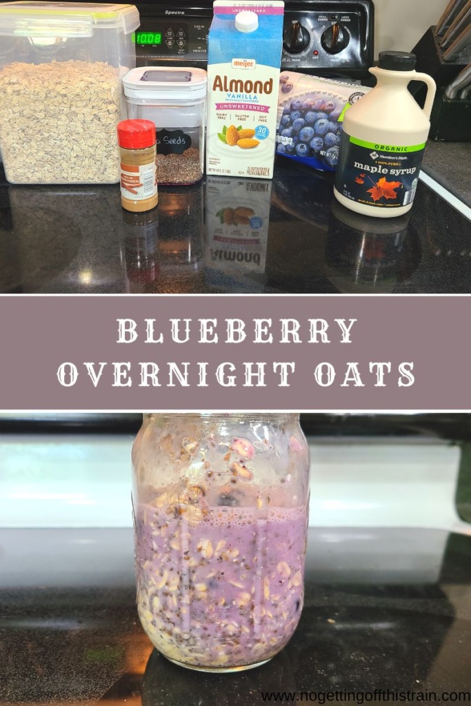 Blueberry overnight oats in a Mason jar with text "Blueberry Overnight Oats"