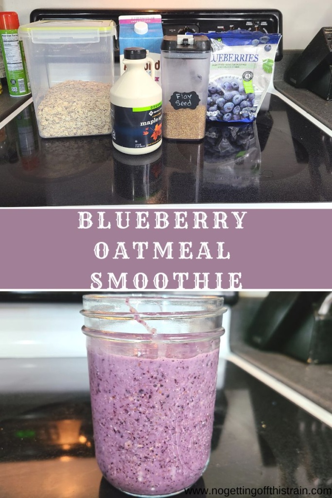 A blueberry smoothie in a glass with text "Blueberry oatmeal smoothie"