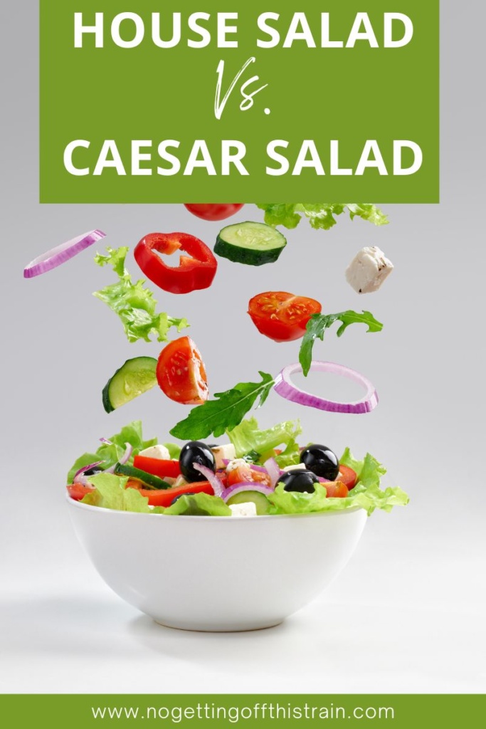 A salad bowl with salad ingredients falling into it, with text "House salad vs. Caesar salad"