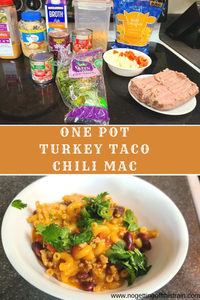 A bowl of chili mac and its ingredients with text "One pot cheesy turkey taco chili mac"