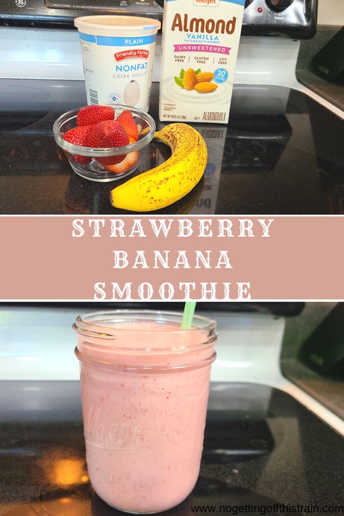 Strawberry banana smoothie in a Mason jar with text "Strawberry banana smoothie"