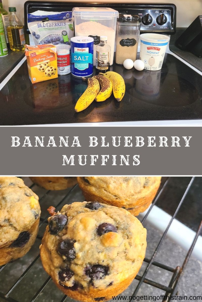 Banana Blueberry Muffins on a wire rack with text "Banana blueberry muffins"