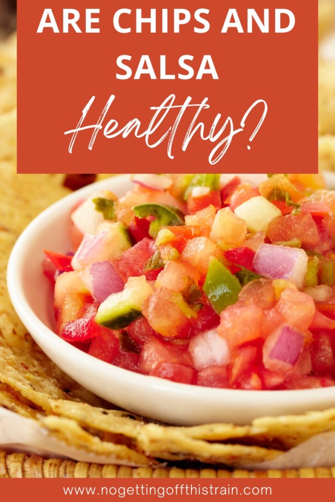 A closeup of a bowl of fresh salsa, with text "Are chips and salsa healthy?"