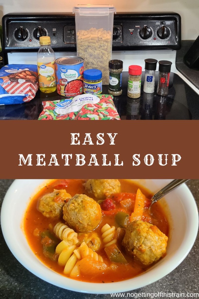 A bowl of meatball soup with text "Easy Meatball Soup"