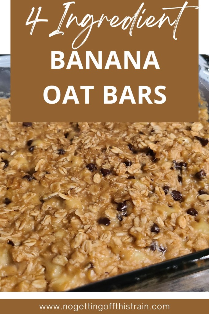 Baked banana oat bars in a baking pan. Text says "4-ingredient banana oat bars"