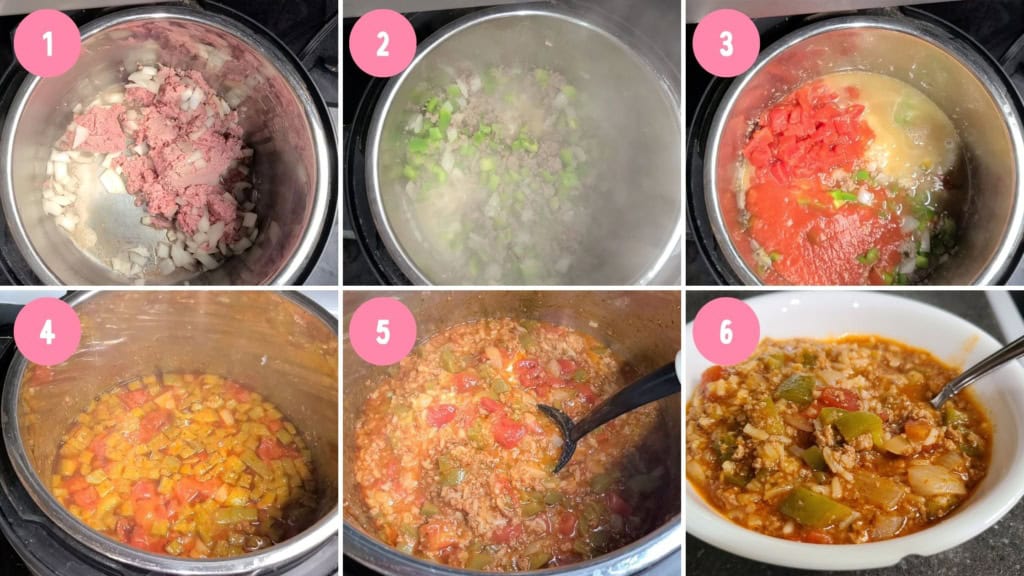 An image collage of the cooking process for Stuffed Pepper Casserole