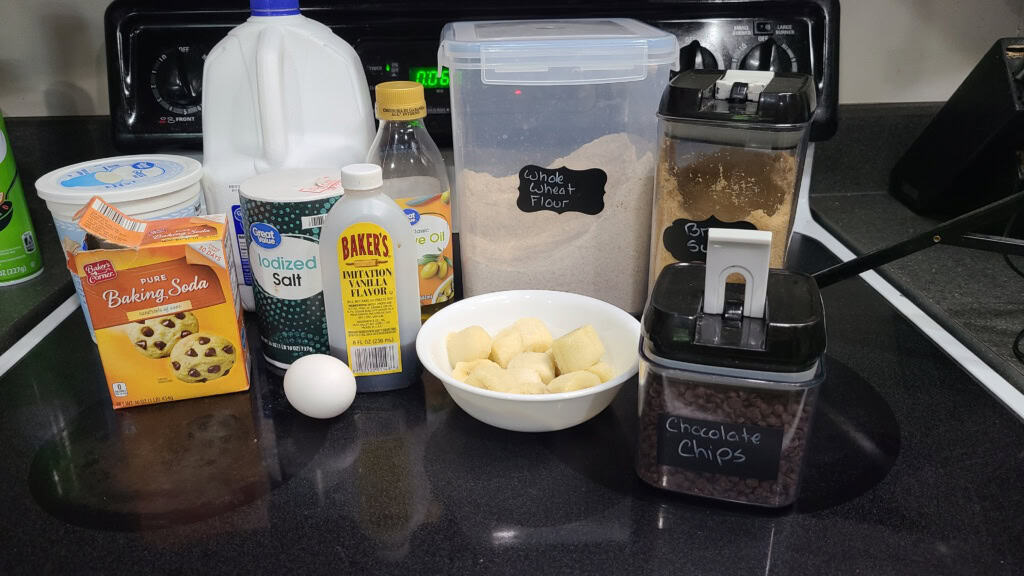 Ingredients for mini banana chocolate chip muffins