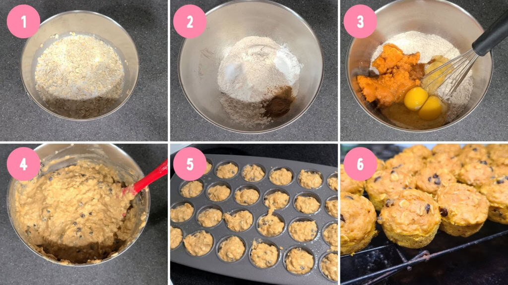 An image collage of the baking process for pumpkin oat muffins