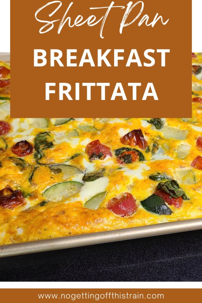 A cooked frittata on a sheet pan. Text says "Sheet pan breakfast frittata"