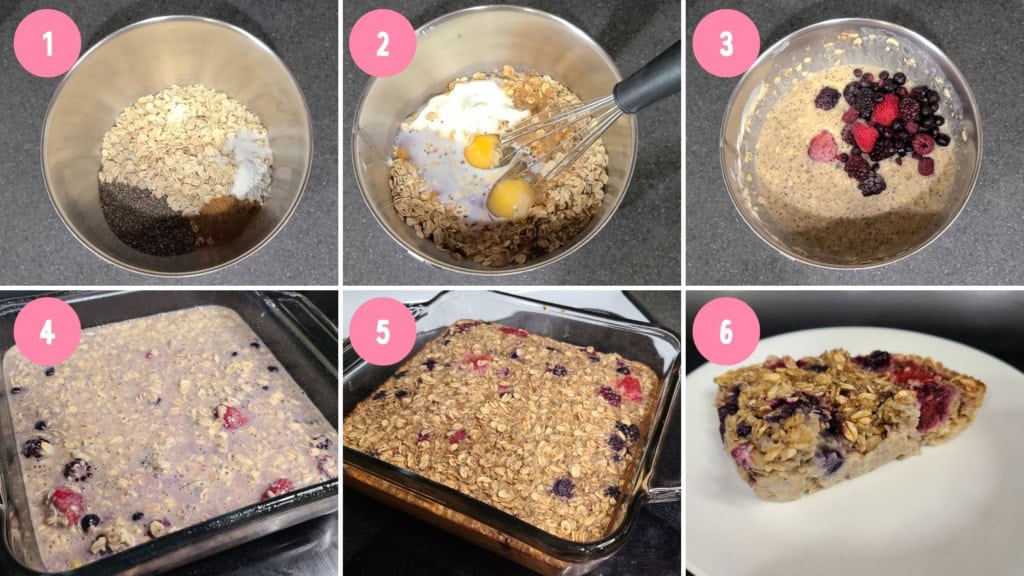 An image collage of the cooking process of berry baked oatmeal