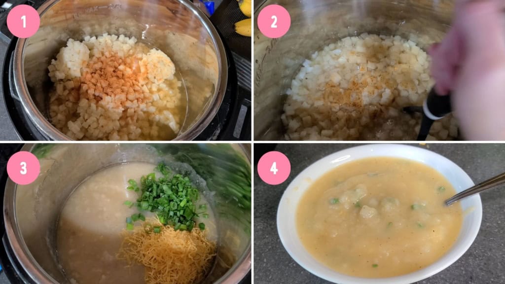 An image collage of the cooking process for 5-ingredient potato soup